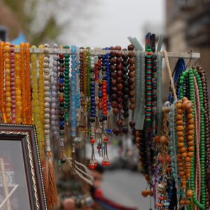 handmade necklaces on a street market